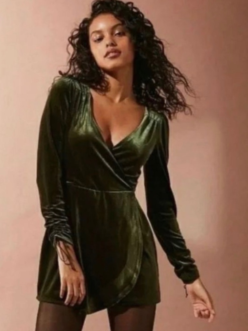 Urban Outfitters Velvet Dark Green Wrap Mini Romper